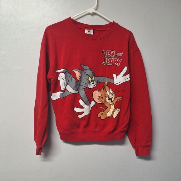 Tom and Jerry Sweatshirt Crewneck Red Womens Junior Small 3 5 Cat Mouse Cartoon - Picture 9 of 9